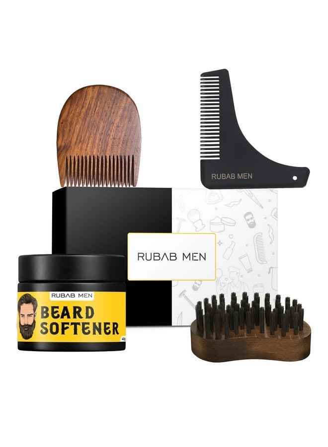 RUBAB MEN Beard Grooming 4-In-1 Kit For Men | Beard Brush, Hair & Beard Softener Balm, L-Shaped Beard Shaper Tool & Wooden Beard Comb For Men | Pack Of 4 - Image 1