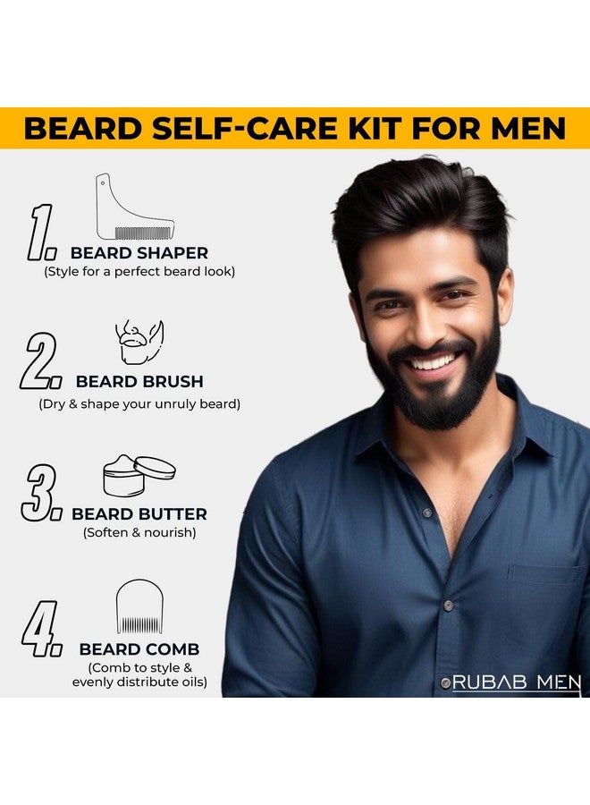 RUBAB MEN Beard Grooming 4-In-1 Kit For Men | Beard Brush, Hair & Beard Softener Balm, L-Shaped Beard Shaper Tool & Wooden Beard Comb For Men | Pack Of 4 - Image 2