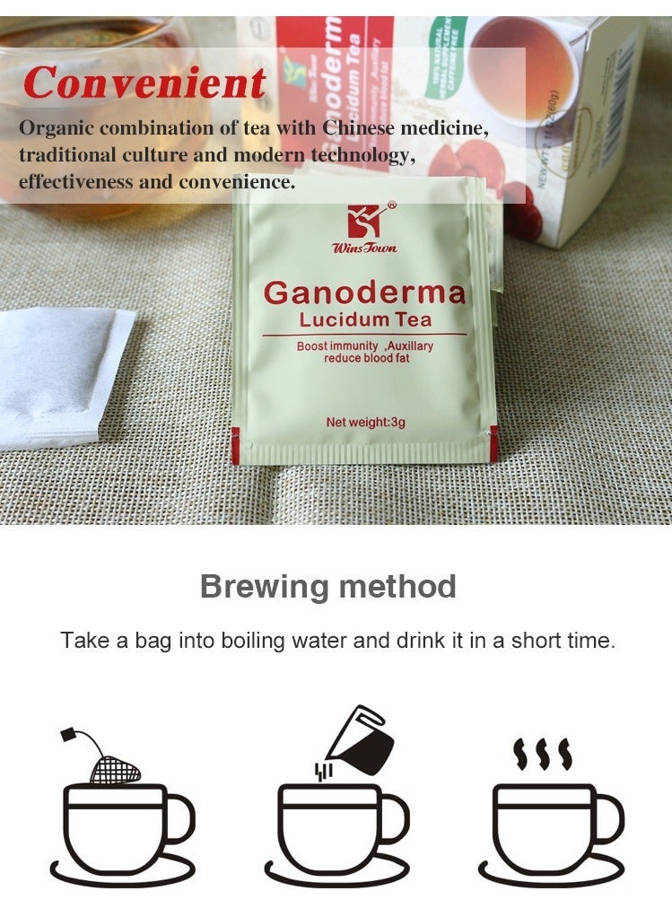 وينز تاون شاي غانوديرما لوسيدوم، شاي أعشاب مُعزّز للطاقة، شاي فطر الريشي الصحي للتخسيس، مُكمّل غذائي خالٍ من الكافيين لتعزيز المناعة وخفض دهون الدم، ٢٠ كيسًا. - Image 5