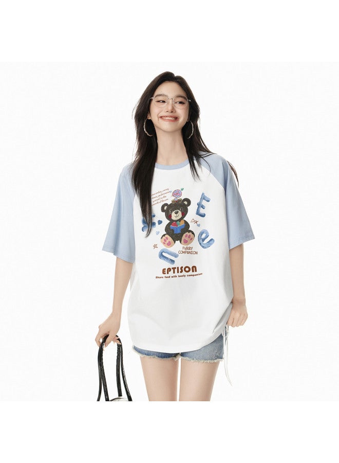 EPTISON Women's Short Sleeve T-shirt 2025 Summer New Cartoon Graffiti Print Loose Casual Color Block Raglan Sleeve Top - Image 2