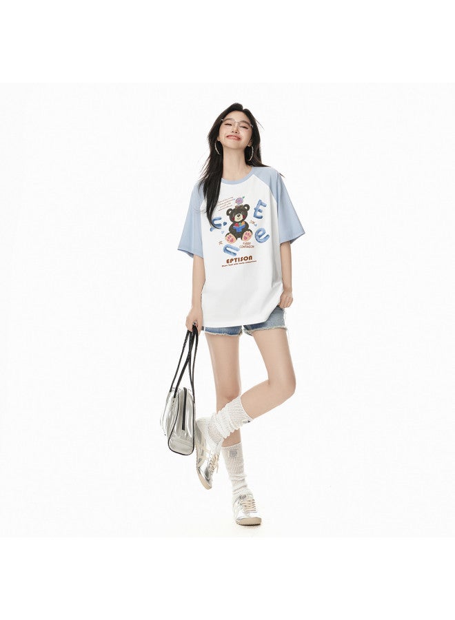 EPTISON Women's Short Sleeve T-shirt 2025 Summer New Cartoon Graffiti Print Loose Casual Color Block Raglan Sleeve Top - Image 4