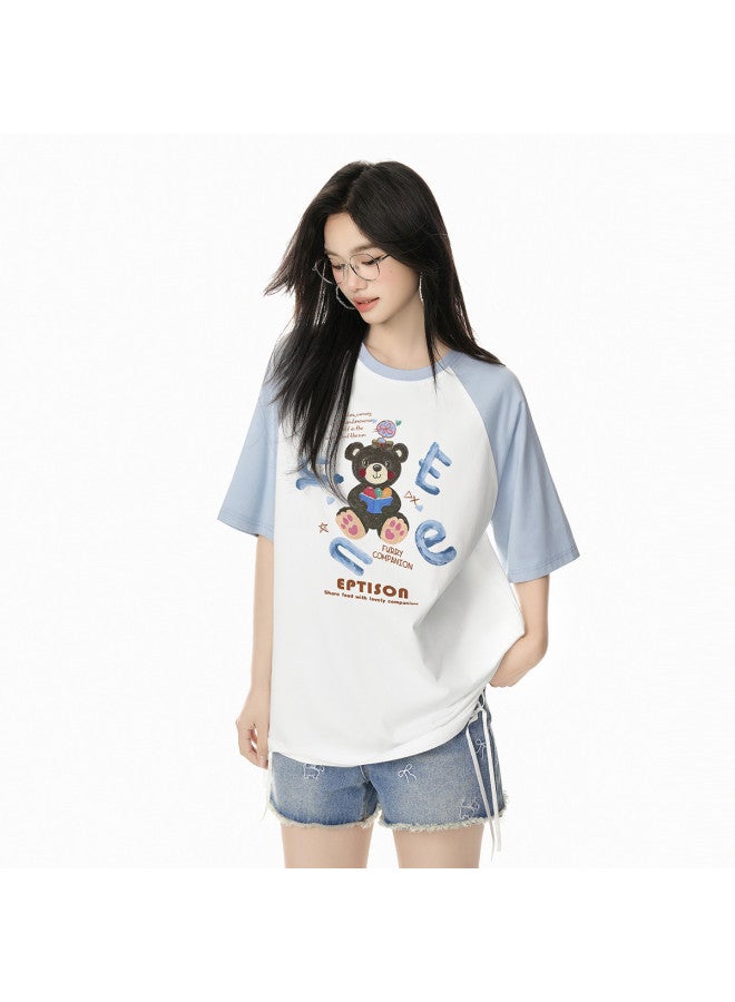 EPTISON Women's Short Sleeve T-shirt 2025 Summer New Cartoon Graffiti Print Loose Casual Color Block Raglan Sleeve Top - Image 3