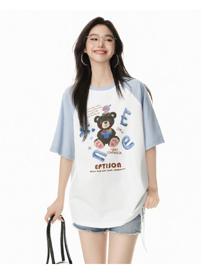 EPTISON Women's Short Sleeve T-shirt 2025 Summer New Cartoon Graffiti Print Loose Casual Color Block Raglan Sleeve Top - Image 1