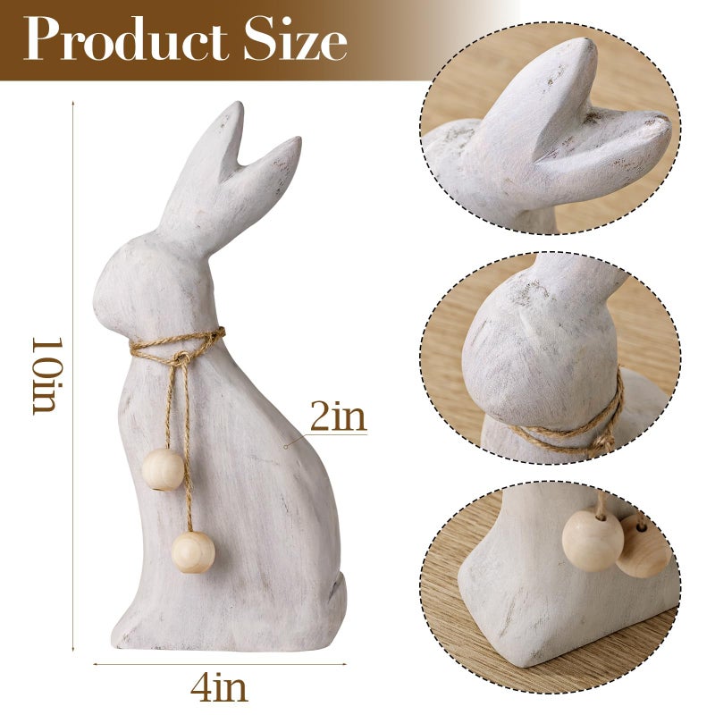 Pawliss Farmhouse Antique Wood Rabbit Figurines, Handmade Elegant Easter Bunny Statue with Rustic Jute Bows for Spring Easter Home Table Decor, Party Supplies Gifts for Kids - Image 2