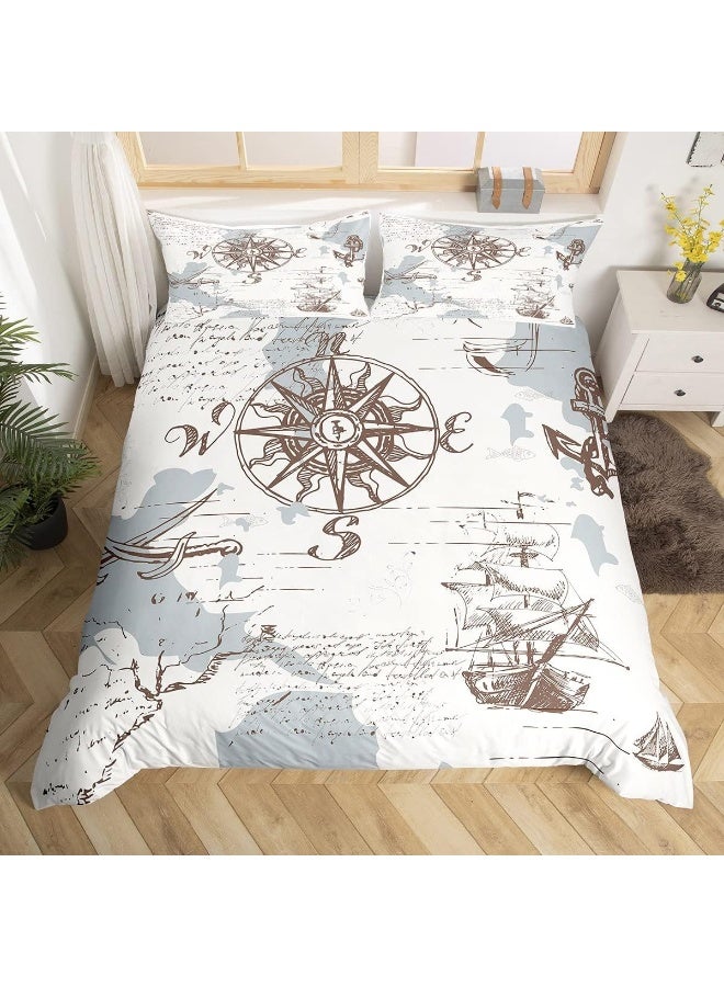 Nautical Duvet Cover Set Queen Size, Retro Compass Sailing Boat Comforter Cover Ocean Adventure Bedding Set 3pcs for Kids Boys Teens Bedroom Decor, Graffiti Brown White Blue Quilt Cover, 2 Pillowcases - Image 1