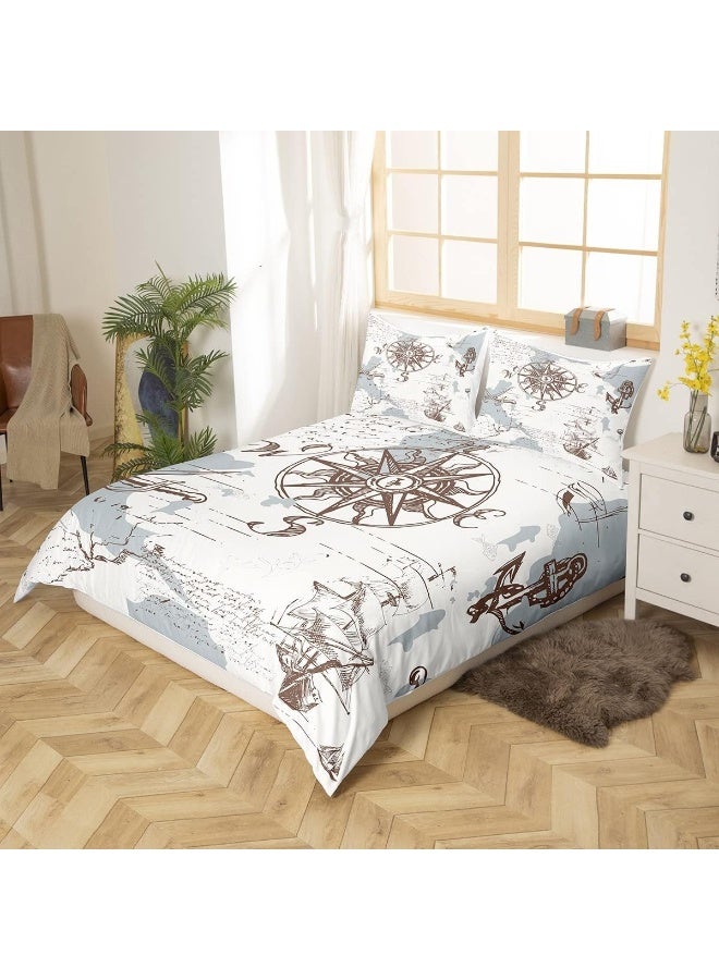 Nautical Duvet Cover Set Queen Size, Retro Compass Sailing Boat Comforter Cover Ocean Adventure Bedding Set 3pcs for Kids Boys Teens Bedroom Decor, Graffiti Brown White Blue Quilt Cover, 2 Pillowcases - Image 3