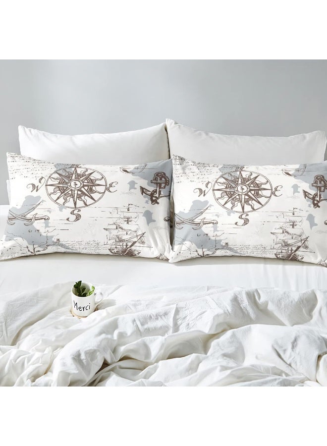 Nautical Duvet Cover Set Queen Size, Retro Compass Sailing Boat Comforter Cover Ocean Adventure Bedding Set 3pcs for Kids Boys Teens Bedroom Decor, Graffiti Brown White Blue Quilt Cover, 2 Pillowcases - Image 5