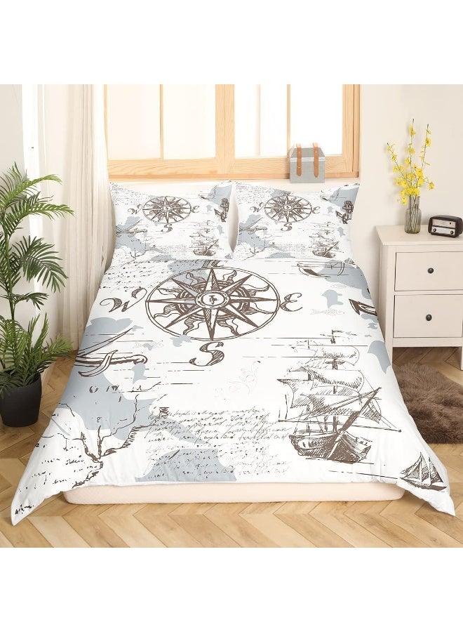 Nautical Duvet Cover Set Queen Size, Retro Compass Sailing Boat Comforter Cover Ocean Adventure Bedding Set 3pcs for Kids Boys Teens Bedroom Decor, Graffiti Brown White Blue Quilt Cover, 2 Pillowcases - Image 2