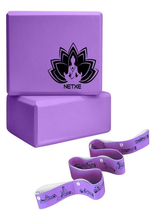 NETXE Yoga Block With Yoga Belt Set,gh Density Foam Soft Non-Slip Yoga Blocks With Yoga Belt for All People, 8 Loops Stretching Strap with Printed Positions,85*4 Cm, Fitness, Rehabilitation, Ankle Joint & Ligament Training - Image 1