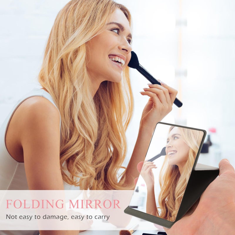Gray Stainless Steel Folding Makeup Mirror with PU Leather Cover Portable Travel Compact - Image 4