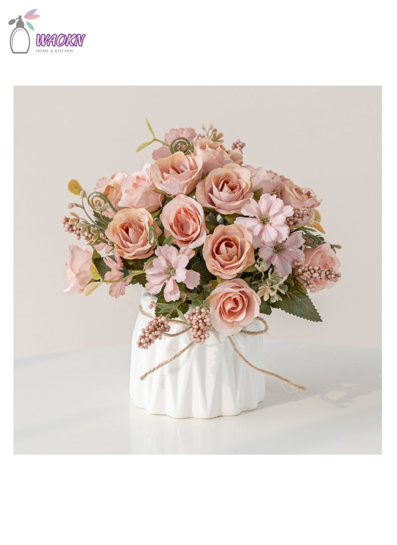 WAOKN Faux Flowers with Vase Artificial Silk Flowers in Ceramic Vase Small Fake Flowers Arrangement for Home Office Dining Table Centerpiece Decor High Appearance Level Creative Gift(Pink Rose)  - Image 1