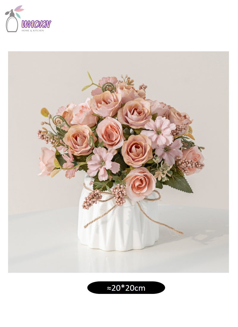 WAOKN Faux Flowers with Vase Artificial Silk Flowers in Ceramic Vase Small Fake Flowers Arrangement for Home Office Dining Table Centerpiece Decor High Appearance Level Creative Gift(Pink Rose)  - Image 2