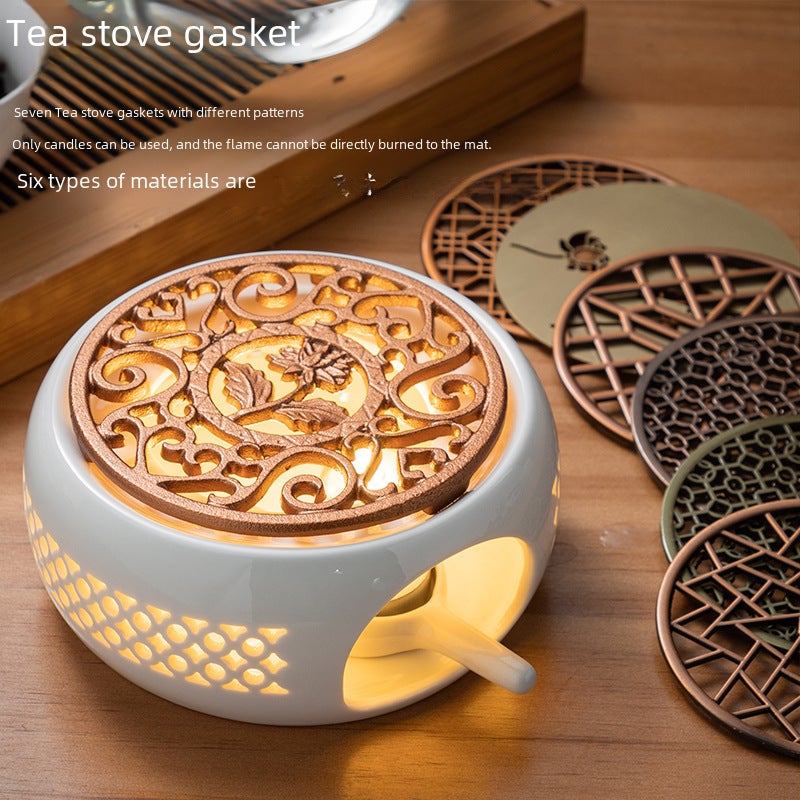 Heating Base White Porcelain Tea Warmer Black Ceramic Stove Base Candle Base Flower Tea Set Multi-Functional Ceramic Base(Hollow stove seat + pad) - Image 5