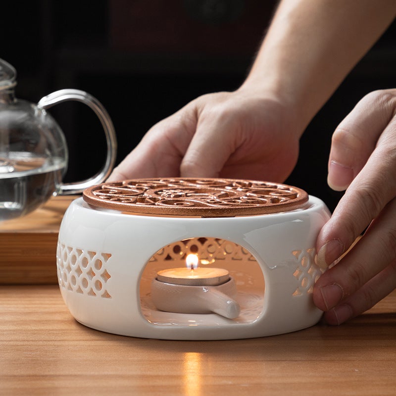 Heating Base White Porcelain Tea Warmer Black Ceramic Stove Base Candle Base Flower Tea Set Multi-Functional Ceramic Base(Hollow stove seat + pad) - Image 2