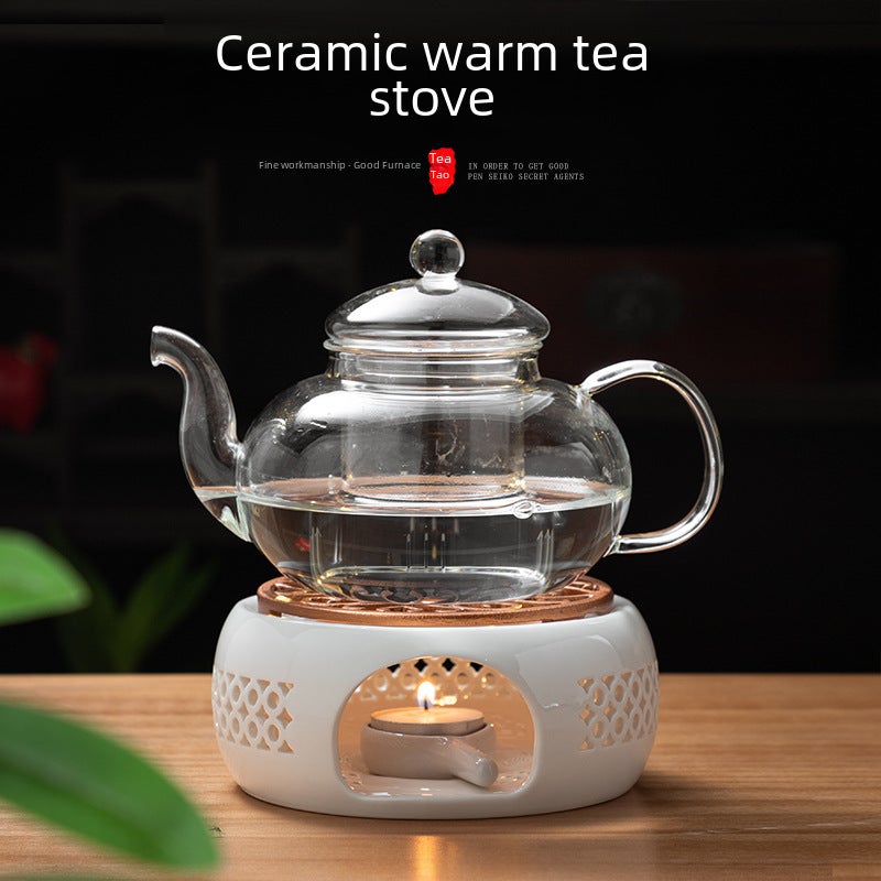 Heating Base White Porcelain Tea Warmer Black Ceramic Stove Base Candle Base Flower Tea Set Multi-Functional Ceramic Base(Hollow stove seat + pad) - Image 4