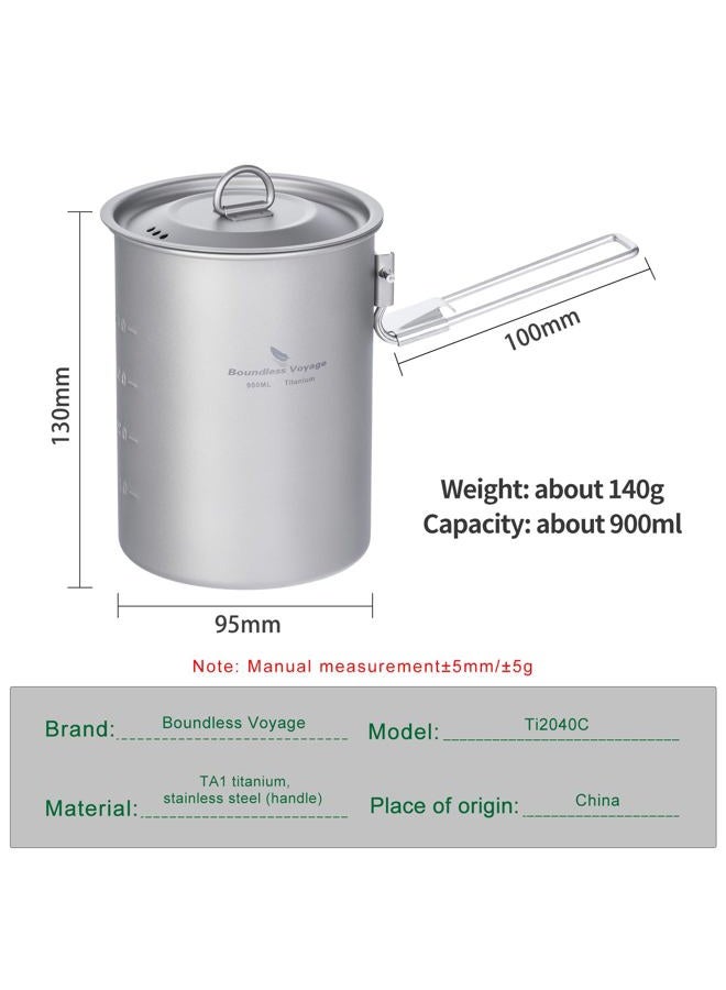 usharedo Ultralight Portable 900ml Outdoor Titanium Pot with Lid Folding Handle Camping Water Rice Food Bowl Cup Mug Bottle Ti15103B - Image 2