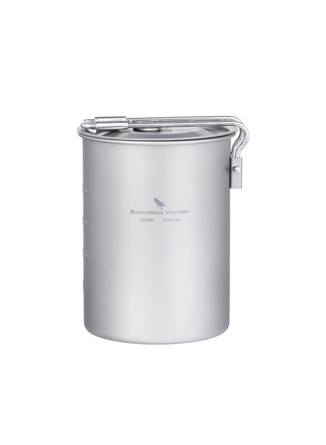 usharedo Ultralight Portable 900ml Outdoor Titanium Pot with Lid Folding Handle Camping Water Rice Food Bowl Cup Mug Bottle Ti15103B - Image 1