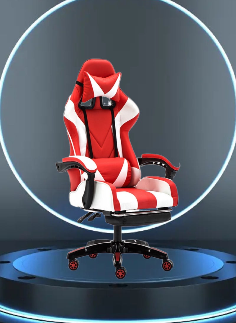 Generic Gaming Chair with Footrest for Adults Ergonomic High Back Office Racing Chair with Armrest, Swivel Leather Desk Chairs with Adjustable Headrest and Lumbar Cushion for Office and Home White/Red - Image 1