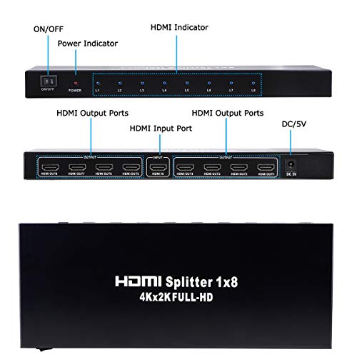 ENBUER موزع HDMI 1x8، 1 مدخل 8 مخارج موزع صوت وصورة HDMI يدعم دقة 3D و 4K x 2K متوافق مع البروجيكتور، HDTV، STB، DVD، PS3 وغيرها - Image 2