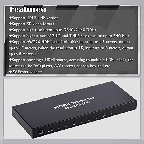 ENBUER موزع HDMI 1x8، 1 مدخل 8 مخارج موزع صوت وصورة HDMI يدعم دقة 3D و 4K x 2K متوافق مع البروجيكتور، HDTV، STB، DVD، PS3 وغيرها - Image 5