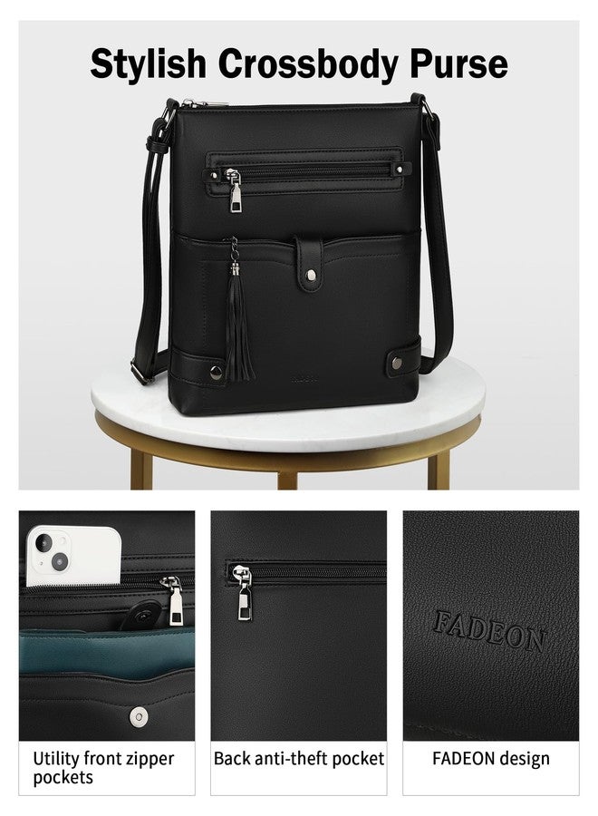 FADEON Crossbody Purses for Women Crossbody Bag, Designer Multi Pockets Shoulder Handbag Travel Purses with Tassel Black - Image 5