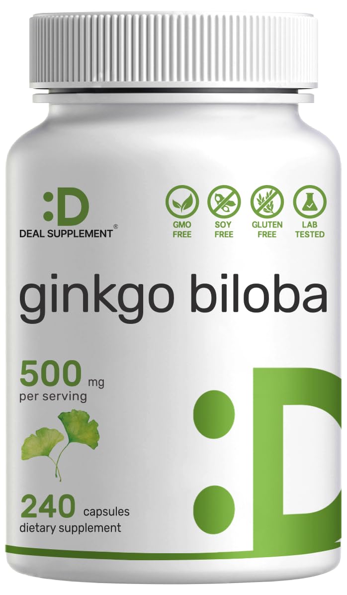 DEAL SUPPLEMENT Ginkgo Biloba 500mg Per Serving 240 Capsules 4 Month Supply Grown in Northern Asia Extra Strength Promotes Brain Function