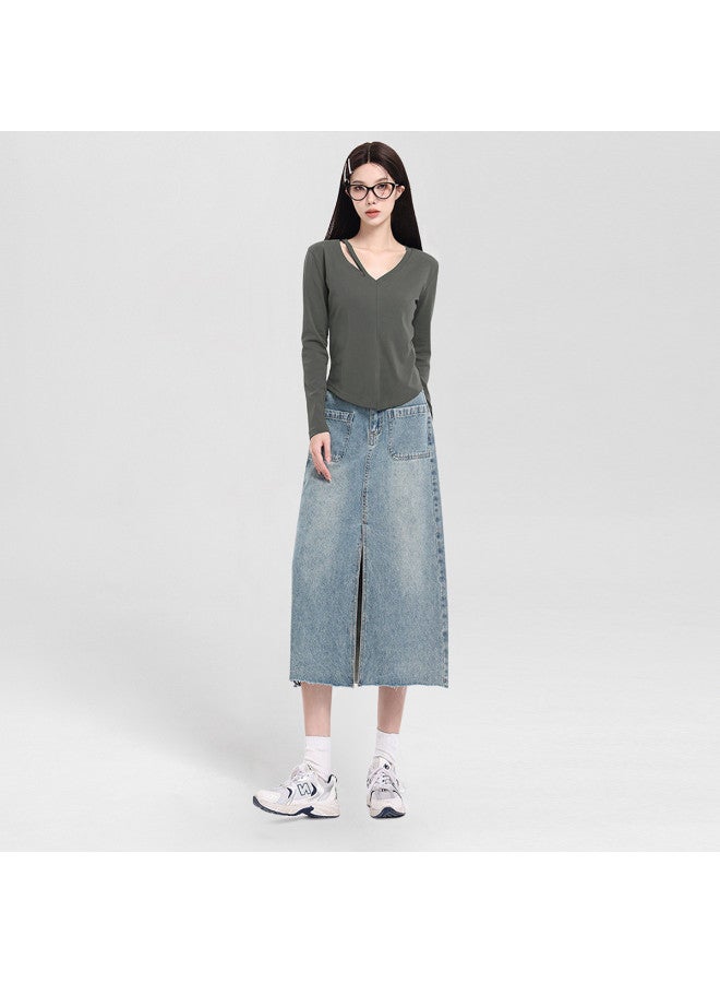 Jeanswest Spring/summer Korean Retro Light Wash Distressed Denim Midi Skirt With Double Pockets - Slimming A-line Denim Skirt - Image 5