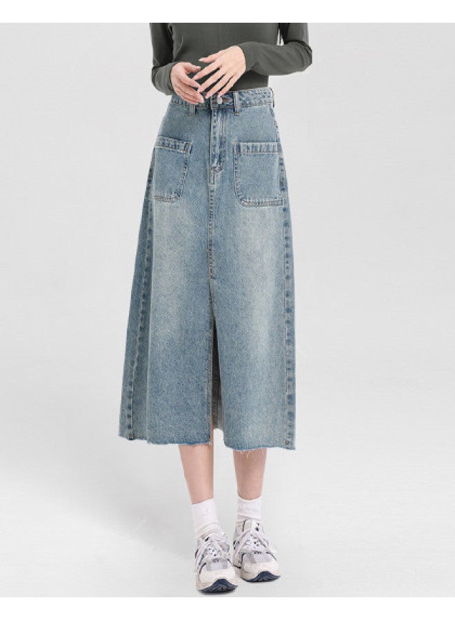 Jeanswest Spring/summer Korean Retro Light Wash Distressed Denim Midi Skirt With Double Pockets - Slimming A-line Denim Skirt - Image 1