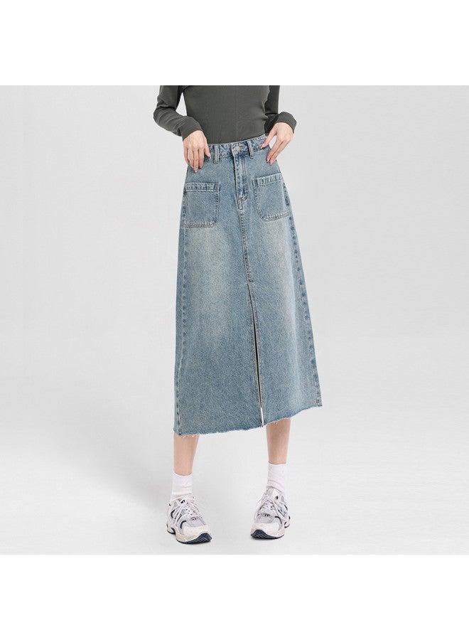 Jeanswest Spring/summer Korean Retro Light Wash Distressed Denim Midi Skirt With Double Pockets - Slimming A-line Denim Skirt - Image 3