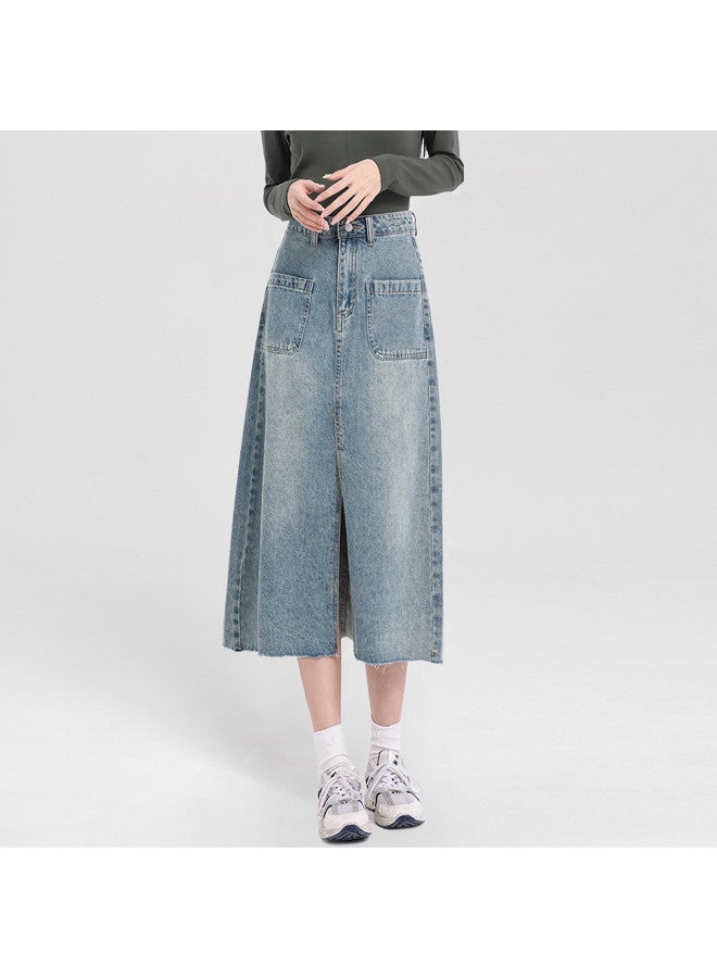 Jeanswest Spring/summer Korean Retro Light Wash Distressed Denim Midi Skirt With Double Pockets - Slimming A-line Denim Skirt - Image 2