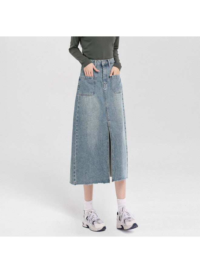 Jeanswest Spring/summer Korean Retro Light Wash Distressed Denim Midi Skirt With Double Pockets - Slimming A-line Denim Skirt - Image 4