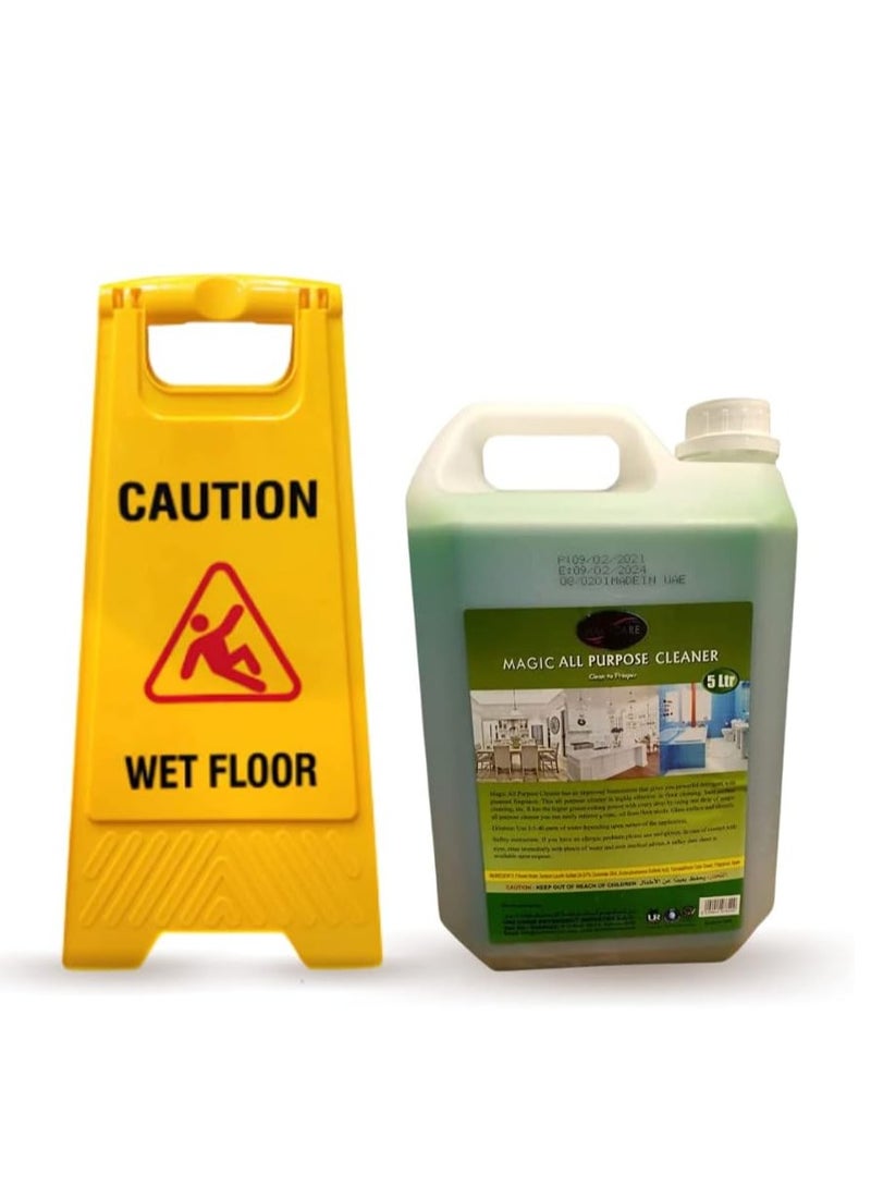 Foldable Caution Wet Floor Signage Board With Magicare All Purpose Liquid Cleaner In 5 Liters Gallon  - Image 1