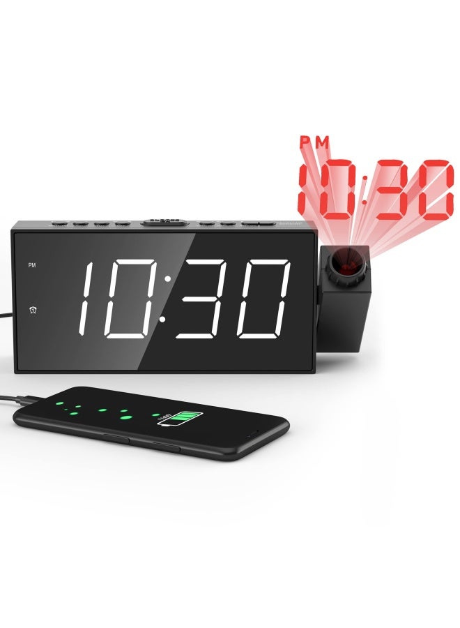 Mesqool Projection Alarm Clock for Bedroom - AM FM Radio & Sleep Timer  180  Projector  7  Large Digital LED Display&Dimmer  Dual Alarms  USB Charger  Battery Backup Desk Wall Ceiling Plug -in Clock - Image 1