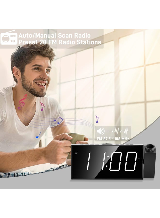 Mesqool Projection Alarm Clock for Bedroom - AM FM Radio & Sleep Timer  180  Projector  7  Large Digital LED Display&Dimmer  Dual Alarms  USB Charger  Battery Backup Desk Wall Ceiling Plug -in Clock - Image 4
