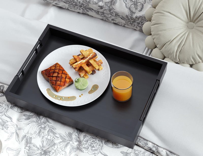 Fibogollo Bamboo Serving Tray with Metal Handles,17x12in Ottoman Decorative Trays Platter for Coffee Table,Living Room,Bar,Party,Large(Black) - Image 2