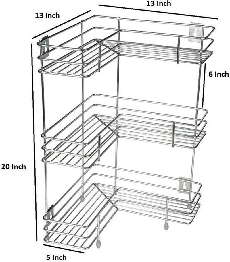 Rasvesh Rust Free Stainless Steel Fruit And Vegetable Stand Basket Trolley Modern Onion Potato Kitchen Storage Steel Rack Triple Tire Trolley Shelf Silver 3 L Corner Floor Mount Corner Shelf - Image 3