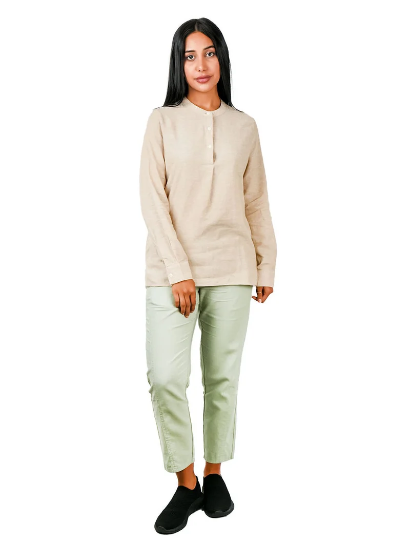 جيوردانو قميص نسائي بياقة واقفة من القطن والكتان المغسول