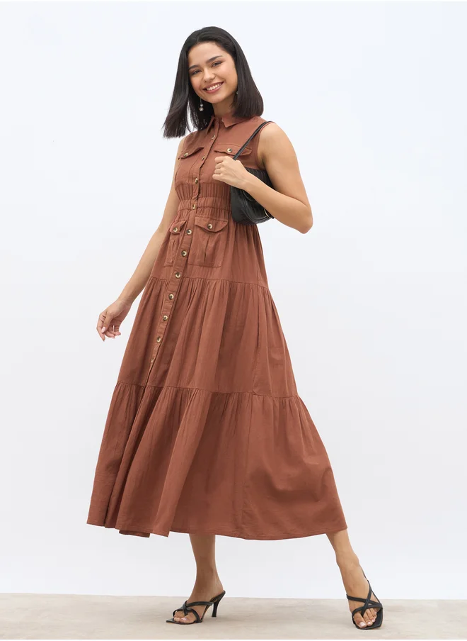 ستايلي Styli Solid Sleeveless Tiered Maxi Dress with Button Front