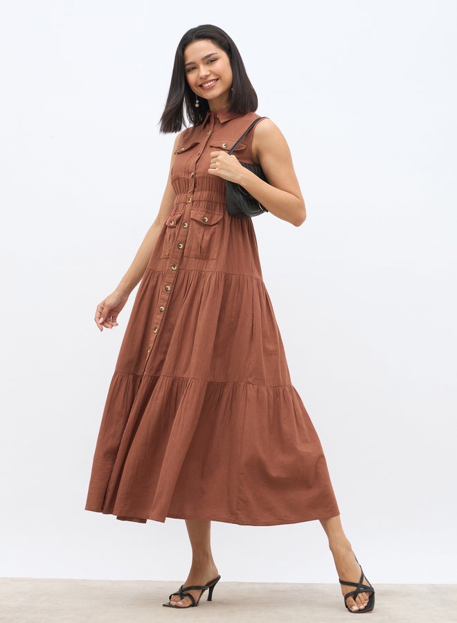Styli Solid Sleeveless Tiered Maxi Dress with Button Front - Image 1