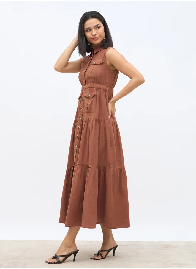 ستايلي Styli Solid Sleeveless Tiered Maxi Dress with Button Front