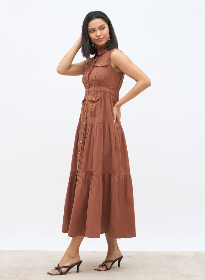 Styli Solid Sleeveless Tiered Maxi Dress with Button Front - Image 2