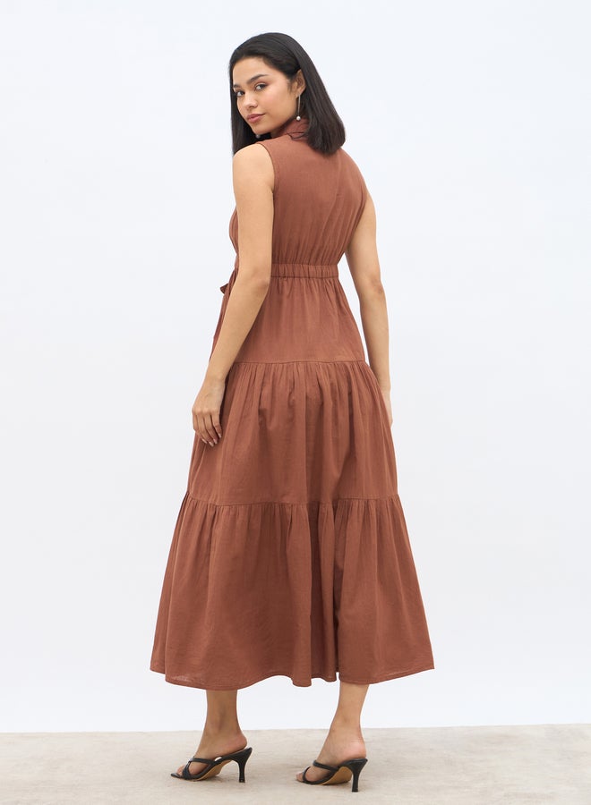 Styli Solid Sleeveless Tiered Maxi Dress with Button Front - Image 4