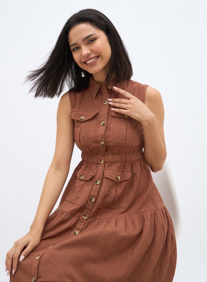 Styli Solid Sleeveless Tiered Maxi Dress with Button Front - Image 5