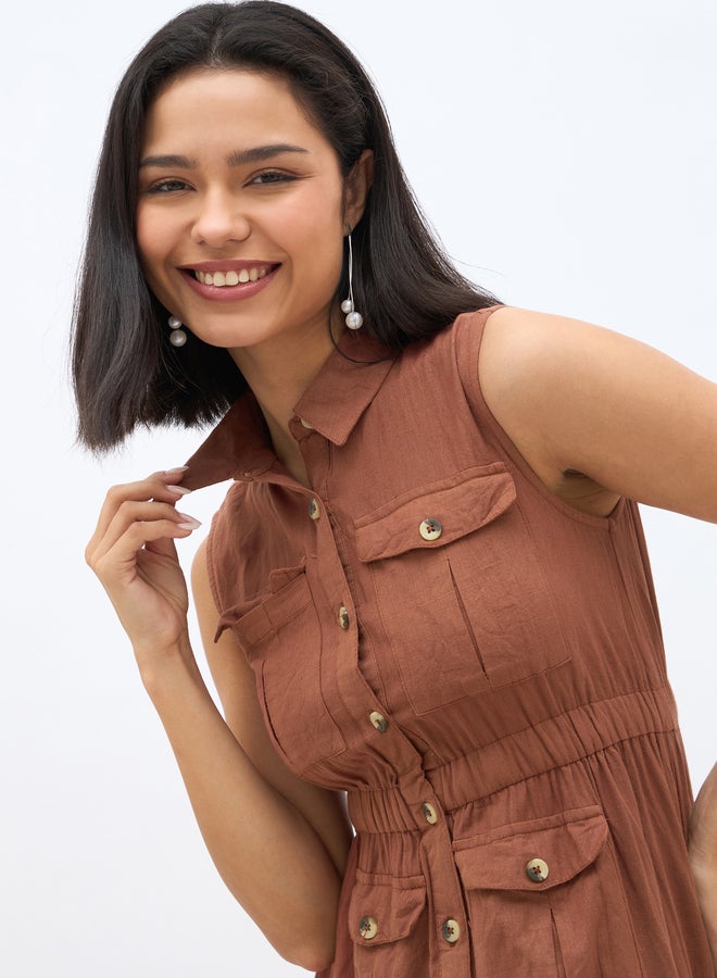 Styli Solid Sleeveless Tiered Maxi Dress with Button Front - Image 3