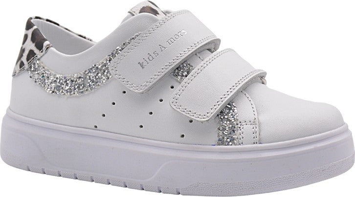 Kids A More Jamilia Double Velcro Leather Girls Shoes White  - Image 1