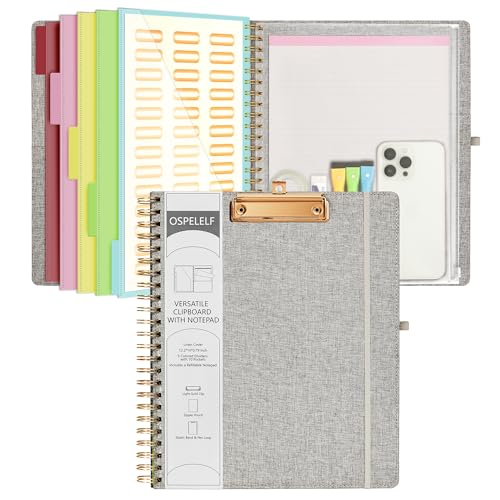 Ospelelf Foldable Spiral Clipboard Folio with Storage Zipper Pouch, 5 Plastic Folders with 10 Pockets,Refillable Lined Notepad (11" x 8.5"), Hardcover Project Organizer with 39 Stickers (Grey) - Image 1