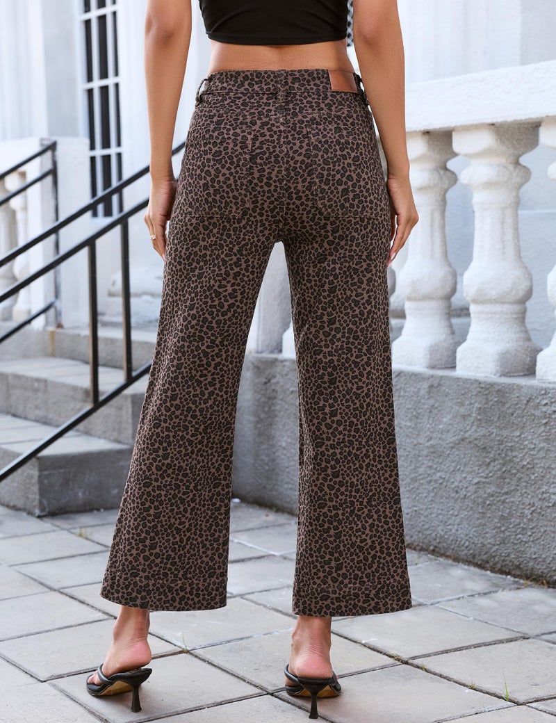 luvamia Wide Leg Stretch Cropped Leopard Jeans for Women High Waisted Cheetah Print Denim Women Wide Leg Pants Patch Pocket Flare Jeans Mini Brown Leopard Small US Size 4-6 - Image 2