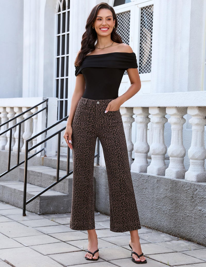 luvamia Wide Leg Stretch Cropped Leopard Jeans for Women High Waisted Cheetah Print Denim Women Wide Leg Pants Patch Pocket Flare Jeans Mini Brown Leopard Small US Size 4-6 - Image 3