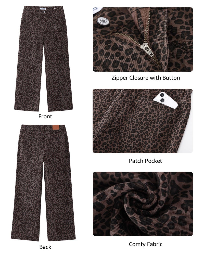 luvamia Wide Leg Stretch Cropped Leopard Jeans for Women High Waisted Cheetah Print Denim Women Wide Leg Pants Patch Pocket Flare Jeans Mini Brown Leopard Small US Size 4-6 - Image 5