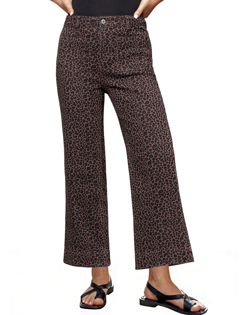 luvamia Wide Leg Stretch Cropped Leopard Jeans for Women High Waisted Cheetah Print Denim Women Wide Leg Pants Patch Pocket Flare Jeans Mini Brown Leopard Small US Size 4-6 - Image 1